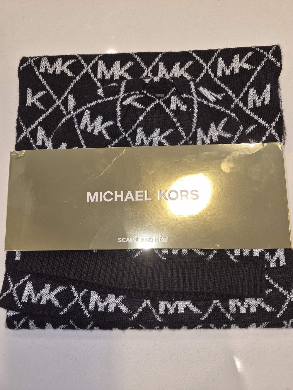 Michael Kors Black & White MK Logo Scarf and Beanie Set